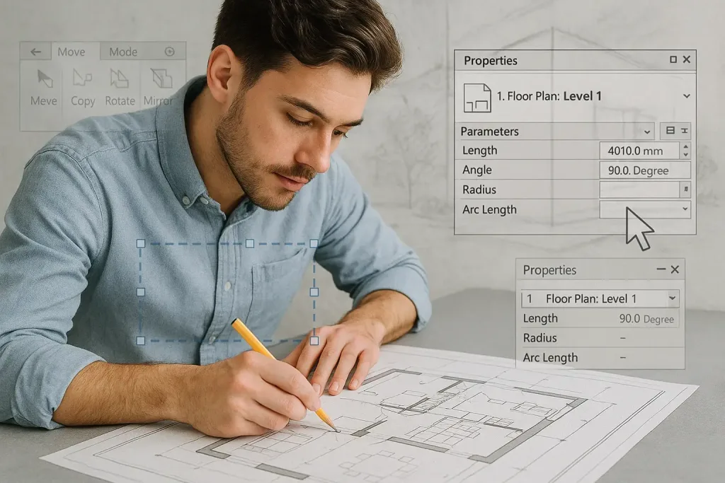 архитектор работает с бумажным планом и интерфейсом REVIT
