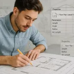 архитектор работает с бумажным планом и интерфейсом REVIT