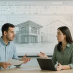 обсуждение архитектурного проекта с рендером и эскизом