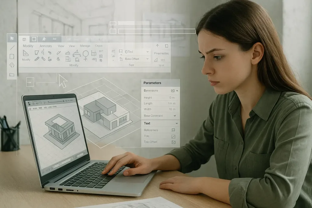 девушка работает в REVIT с панелью инструментов