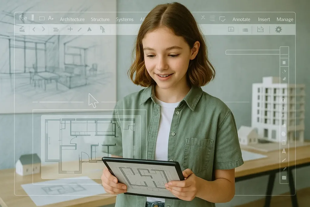 девочка изучает архитектурный план на планшете