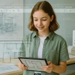 девочка изучает архитектурный план на планшете