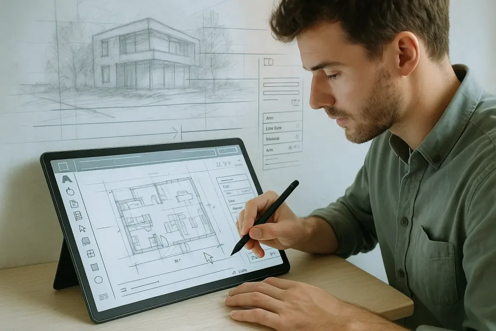 студент рисует архитектурный эскиз в REVIT на планшете