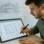 студент рисует архитектурный эскиз в REVIT на планшете
