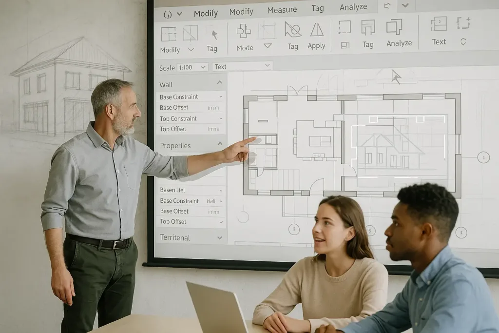 преподаватель объясняет проект здания с помощью REVIT