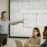 преподаватель объясняет проект здания с помощью REVIT