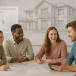 студенты обсуждают проект на фоне архитектурного эскиза