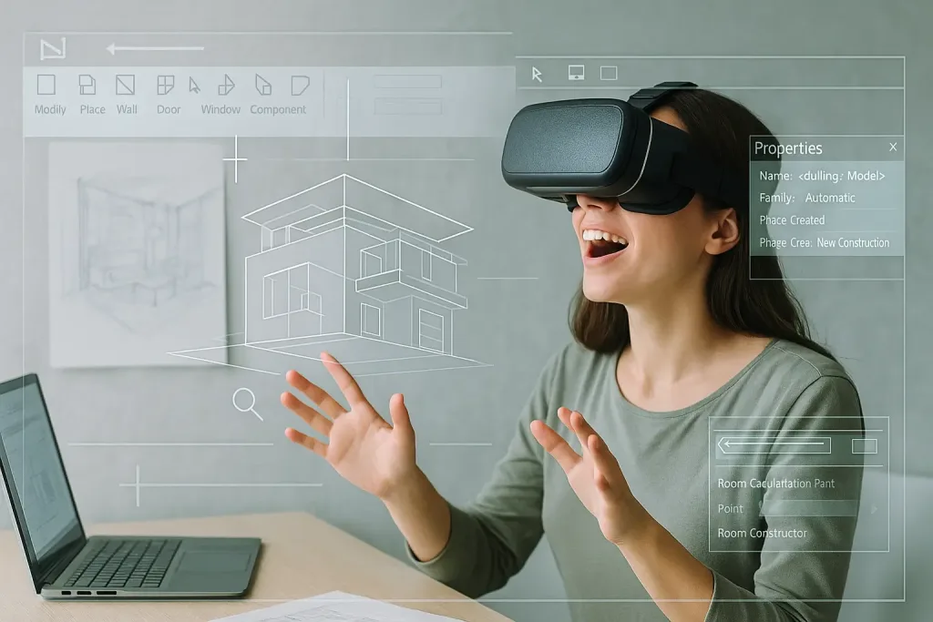 женщина изучает архитектурную модель в VR с REVIT